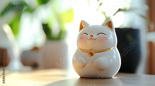 Wallpaper Mural A pristine Maneki Neko figurine with a glossy white finish and golden accents, placed on a minimalist wooden desk, illuminated by soft natural light, with a blurred backdrop of simple decor elements, Torontodigital.ca