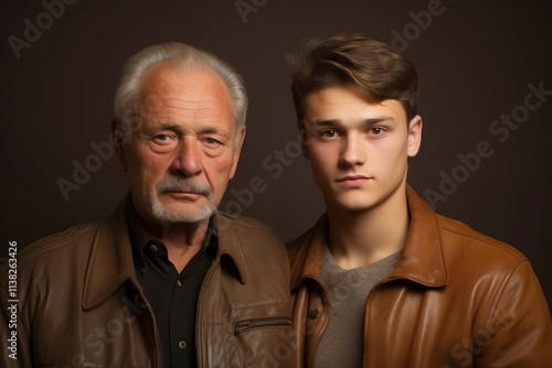 A handsome young man portrait with his elderly father, who has white and gray hair, sharing a moment of connection, empathy, and emotional bonding, captured in a warm and heartfelt composition