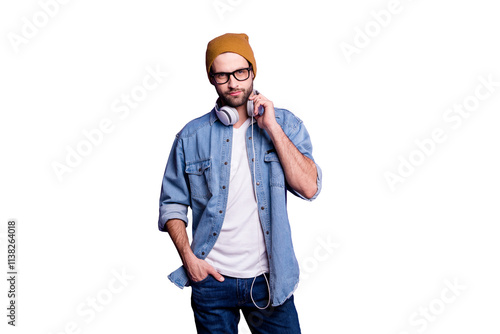 Photo of cool guy wearing modern earflaps specs casual denim outfit isolated violet background #1138264018