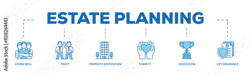 Estate planning infographic icon flow process which consists of living well, trust, property disposition, charity, succession, life insurance icon live stroke and easy to edit .
