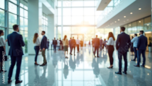 A blurred group of professionals standing in a bright, odern office building interior, blurred business people, large windows, sunlight, reflective floor