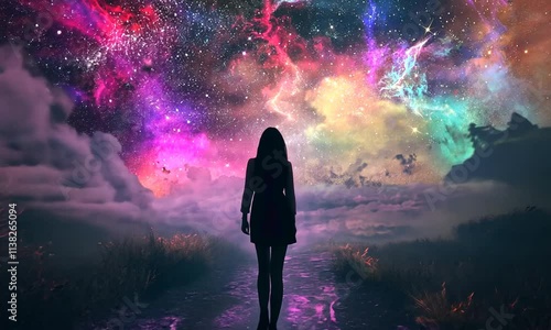 Camera getting closer to the backview silhouette of young woman walking carelessly along the path toward colorful space clouds landscape