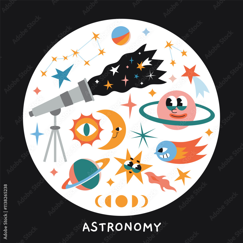 Astronomy lesson at school, science of space exploration. Round composition with telescope, stars, planets, outer space, moon, sun and planets. Vector illustration isolated on white, hand drawn, flat Astronomy lesson at school, science of space exploration. Round composition with telescope, stars, planets, outer space, moon, sun and planets. Vector illustration isolated on white, hand drawn, flat