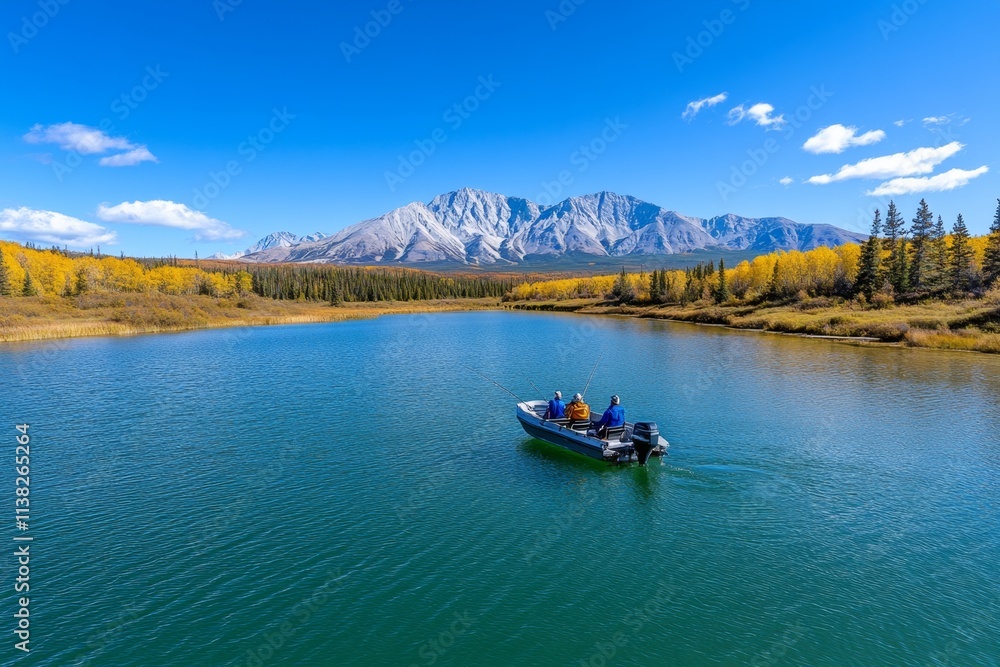 Fototapeta premium A family on a fishing trip in a small boat, casting lines into a calm lake surrounded by trees and mountains