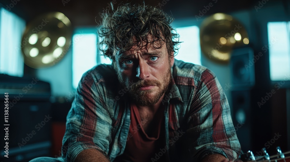 A rugged, bearded man, seated in a rustic interior with musical instruments, reflects a deep sense of contemplation, enhanced by dramatic lighting and expression. A rugged, bearded man, seated in a rustic interior with musical instruments, reflects a deep sense of contemplation, enhanced by dramatic lighting and expression.