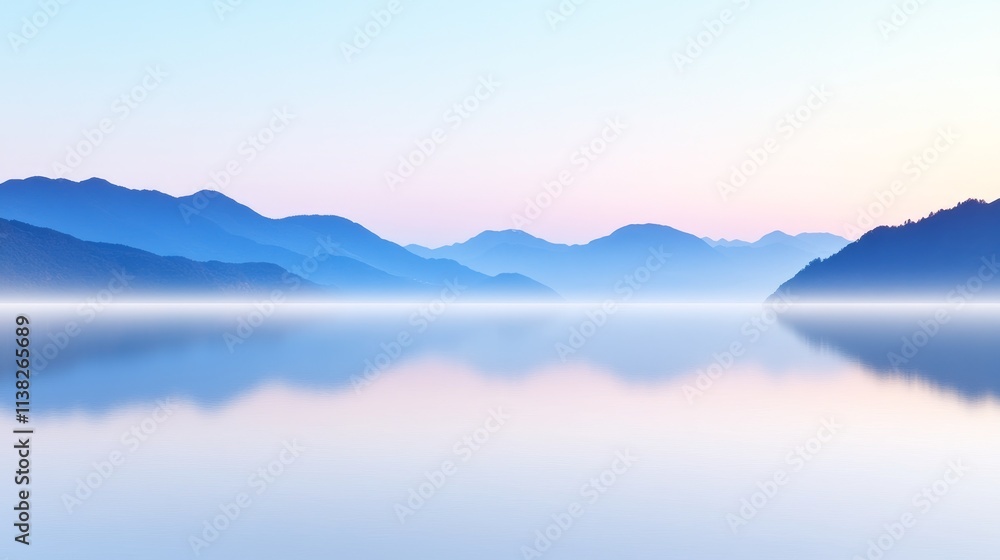 Fototapeta premium Smooth reflective surface with soft blue gradient and misty white backdrop, serene and calm ambiance