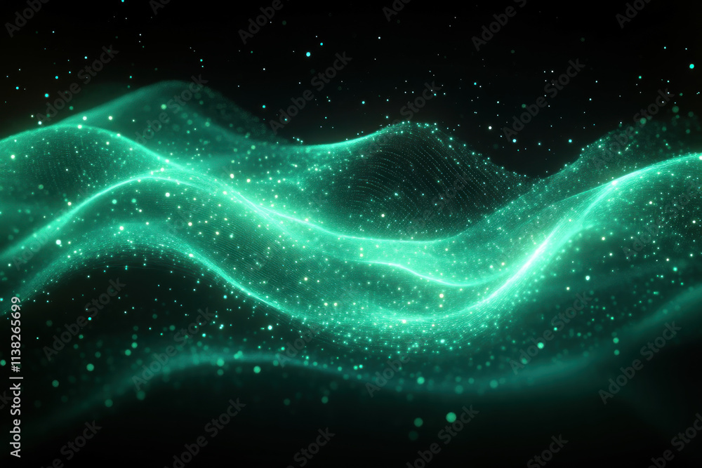 Abstract glowing green particle wave on black background. Abstract glowing green particle wave on black background.