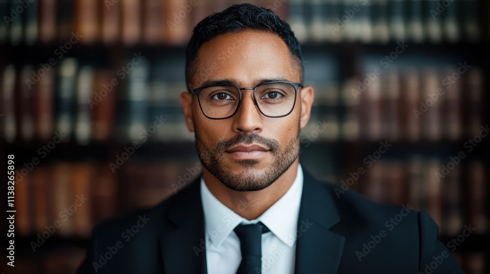 A poised businessman stands confidently in a library, donning a sleek suit and glasses. His stature radiates professionalism and intellect, set against bookcases. A poised businessman stands confidently in a library, donning a sleek suit and glasses. His stature radiates professionalism and intellect, set against bookcases.
