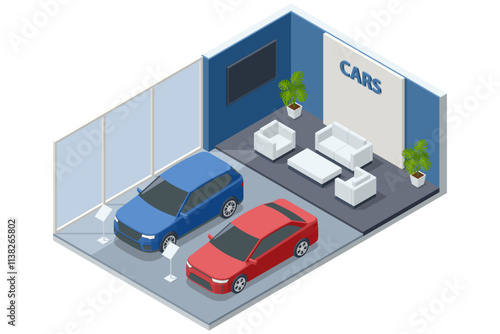 An isometric car showroom featuring a blue and red car on display. The space includes a seating area with sofas, plants, and a modern interior design. Dealership, showroom