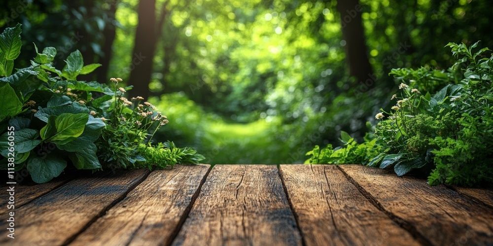 A background with a wooden surface in the foreground, neutral space for potential ad design. The background is softly blurred with natural elements like green trees, grass, and flowers,