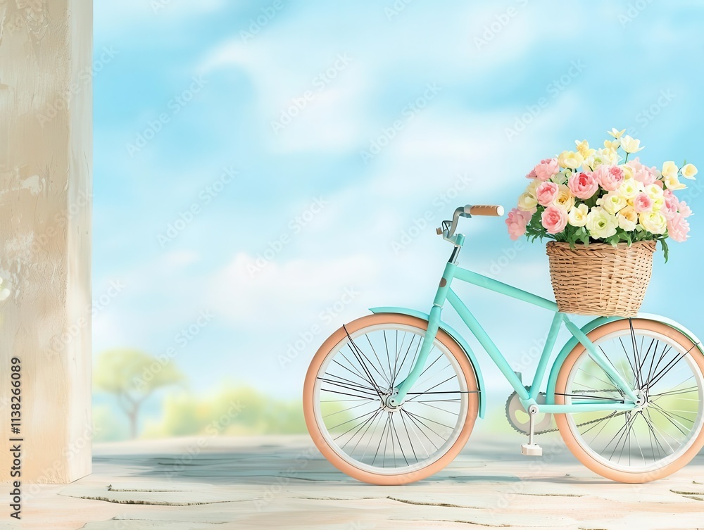 Fototapeta premium A rustic bicycle with a basket of fresh flowers parked by a country road, spring charm, 3D illustration