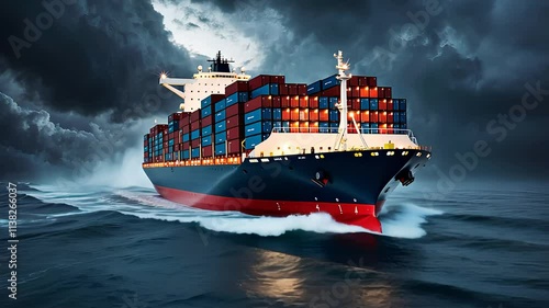 Large Cargo Ship Carrying Containers Navigating Through Stormy Ocean Waves Under Dark Skies

 photo