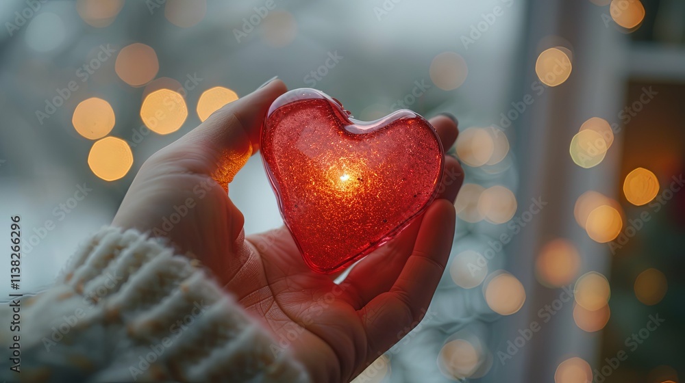 Glowing Red Heart Held in Hand Against a Bokeh Background Glowing Red Heart Held in Hand Against a Bokeh Background