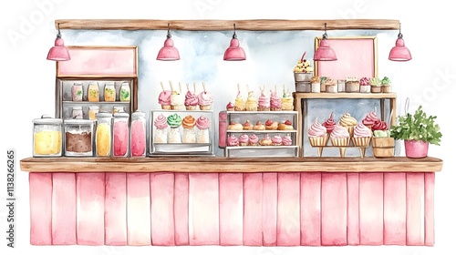 Charming Watercolor Dessert Bar with Ice Cream, Cupcakes, and Colorful Treats on Display in a Cozy Bakery Setting