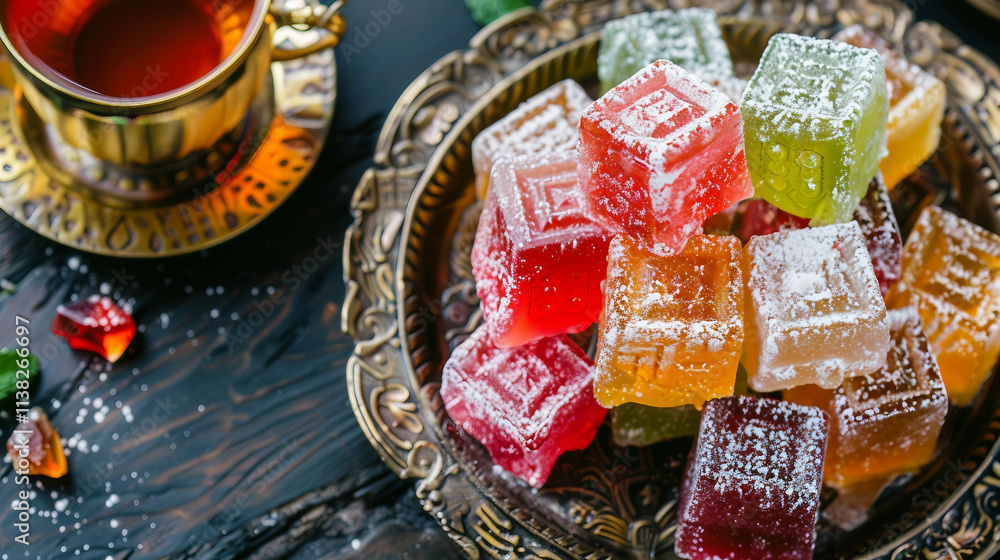Turkish delight and tea on a rustic table, a cultural feast for dessert lovers; sweet pistachio treats paired with traditional tea, celebrating Turkish heritage and culinary artistry in one frame. Turkish delight and tea on a rustic table, a cultural feast for dessert lovers; sweet pistachio treats paired with traditional tea, celebrating Turkish heritage and culinary artistry in one frame.
