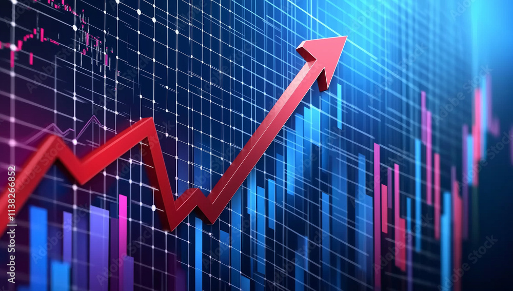 A large red arrow points upwards over a gridded financial chart showing a sharp decline in value, with the bars of the chart going from high to low A large red arrow points upwards over a gridded financial chart showing a sharp decline in value, with the bars of the chart going from high to low