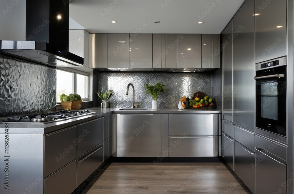 Fototapeta premium Modular Modern Metallic Silver Kitchen Design With A High Gloss Finish
