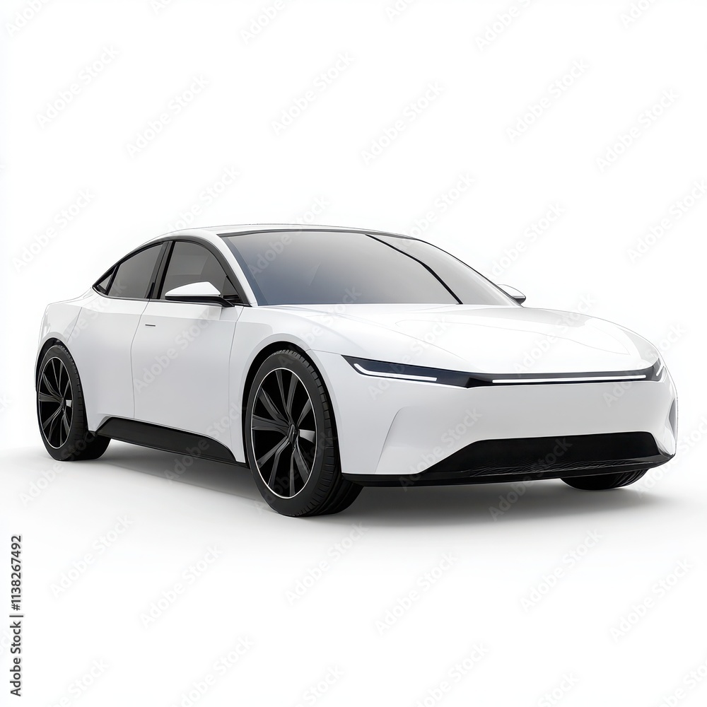 A clean-cut electric car with futuristic design features on a white background. A clean-cut electric car with futuristic design features on a white background.