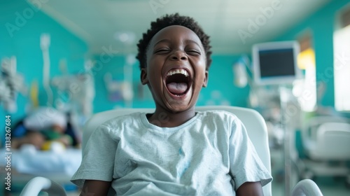 A joyful child sits in a hospital room, laughing wholeheartedly, encapsulating a moment of pure happiness and positivity despite the medical surroundings. photo