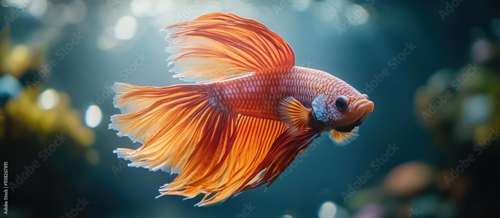Vibrant orange betta fish with flowing fins swims in an aquarium. Vibrant orange betta fish with flowing fins swims in an aquarium.