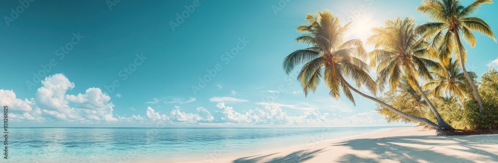 Fototapeta premium Tropical Paradise: Sun-Kissed Beach with Lush Palm Trees