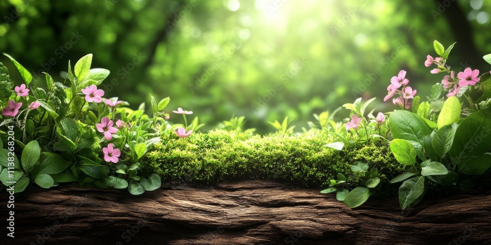 A background with a wooden surface in the foreground, neutral space for potential ad design. The background is softly blurred with natural elements like green trees, grass, and flowers, A background with a wooden surface in the foreground, neutral space for potential ad design. The background is softly blurred with natural elements like green trees, grass, and flowers,