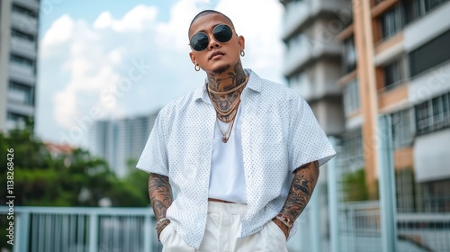 A confident tattooed man stands outdoors wearing sunglasses and a stylish outfit, exuding a cool and modern vibe amidst an urban backdrop of buildings. photo