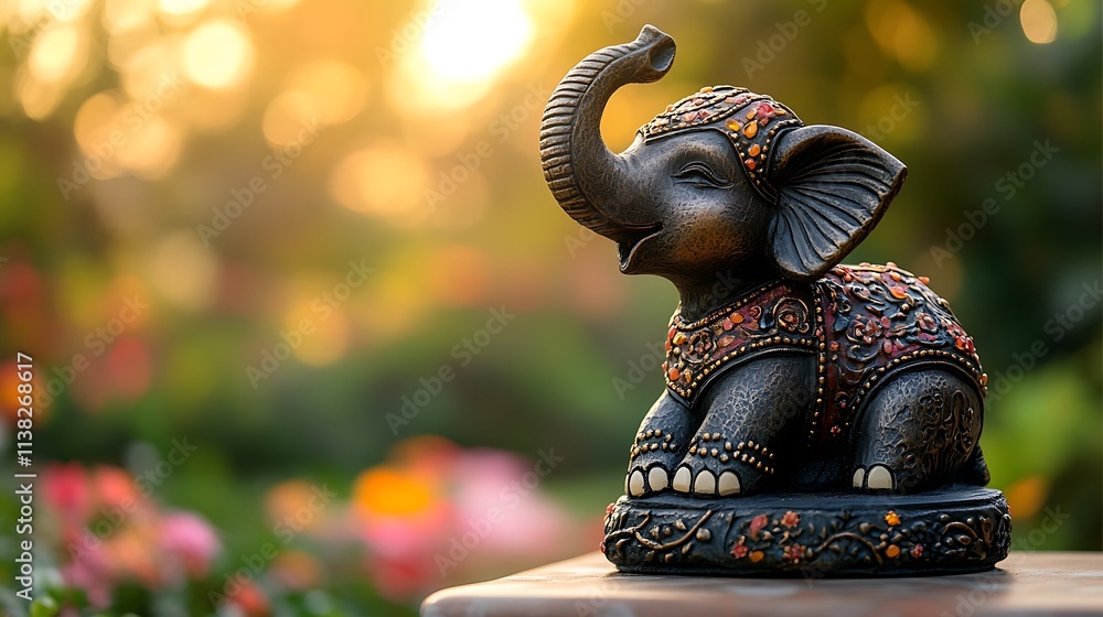 Fototapeta premium A small elephant figurine with an upturned trunk, adorned with tiny embellishments, resting on a tabletop, bathed in golden light with a blurred garden visible in the background, hd quality,