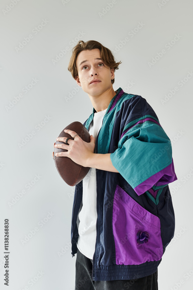A handsome young man dressed in a fashionable bomber jacket poses with a football in a studio space. A handsome young man dressed in a fashionable bomber jacket poses with a football in a studio space.
