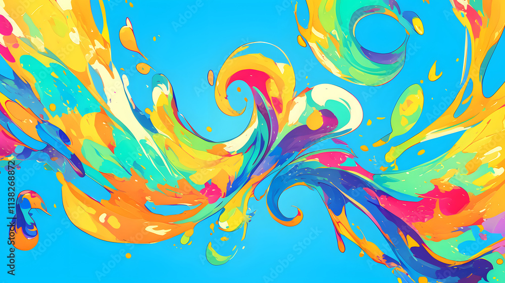 Vibrant swirls of color explode across a bright blue canvas, creating a dynamic and joyful abstract artwork. Vibrant swirls of color explode across a bright blue canvas, creating a dynamic and joyful abstract artwork.