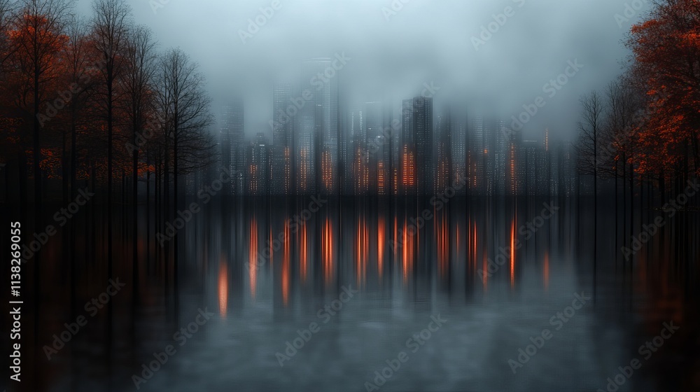 A misty urban skyline shrouded in fog with orange-hued reflections in a tranquil lake, surrounded by bare trees. A misty urban skyline shrouded in fog with orange-hued reflections in a tranquil lake, surrounded by bare trees.