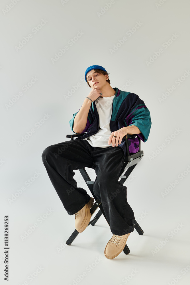 Confident young man poses in a stylish bomber jacket against a minimalist studio backdrop. Confident young man poses in a stylish bomber jacket against a minimalist studio backdrop.