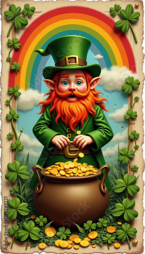 Cheerful leprechaun holding a pot of gold at the end of the rainbow with shamrocks around photo