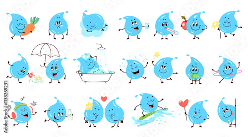Funny water drops. Emotional stickers or childish mascots. Cartoon positive liquid characters drinking eating resting training, nowaday vector clipart
