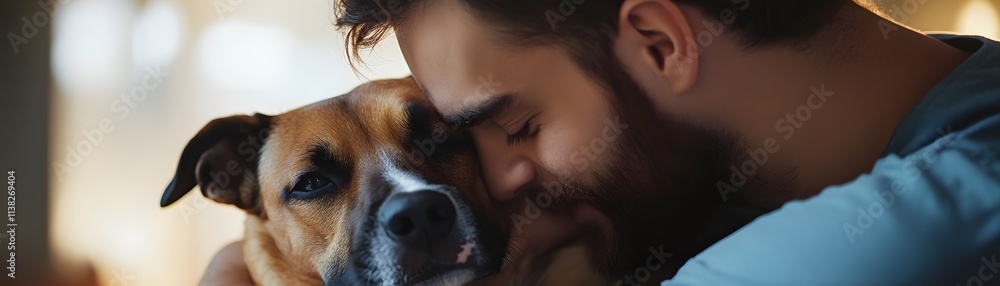 A man sharing a tender moment with his dog, showcasing the bond of friendship and love between humans and pets. A man sharing a tender moment with his dog, showcasing the bond of friendship and love between humans and pets.