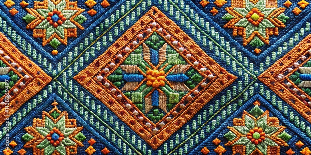 Intricate Hand-Embroidered Textile with Vibrant Geometric Patterns and Floral Motifs Intricate Hand-Embroidered Textile with Vibrant Geometric Patterns and Floral Motifs