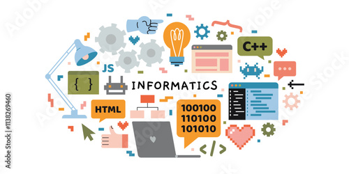 Computer science and programming lesson at school, IT education concept. Oval art with computer, laptop, languages, console, pixel art and digital interface. Vector illustration, hand drawn, flat