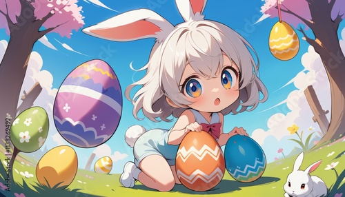 Japanese anime style image Easter holiday theme with a girl with bunny ears hand painted and colored eggs for children or to celebrate the day