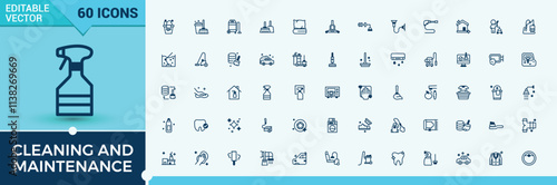 Cleaning And Maintenance icon set. Contains such icons as infection, disinfect, hand, house, stroke, household, washer and more. Thin linear style icons. Vector outline and solid icons collection.