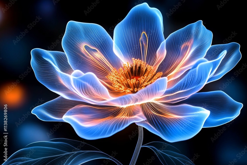 A futuristic glowing flower made of translucent, metallic petals, with holographic light beams radiating from its core in a dark, ethereal setting A futuristic glowing flower made of translucent, metallic petals, with holographic light beams radiating from its core in a dark, ethereal setting
