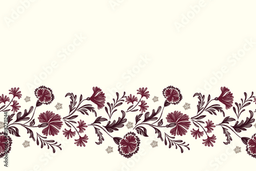 Vintage floral patterns textured handmade. Ethnic bohemian style design burgundy red carnations flowers motifs with leaf tapestry pattern seamless . Vector illustration.