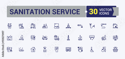 Sanitation Service icon collection. Includes thin line men, sponge, hand, cleaning, dust, wash and more. Outline symbol collection. Outline and solid pictogram.