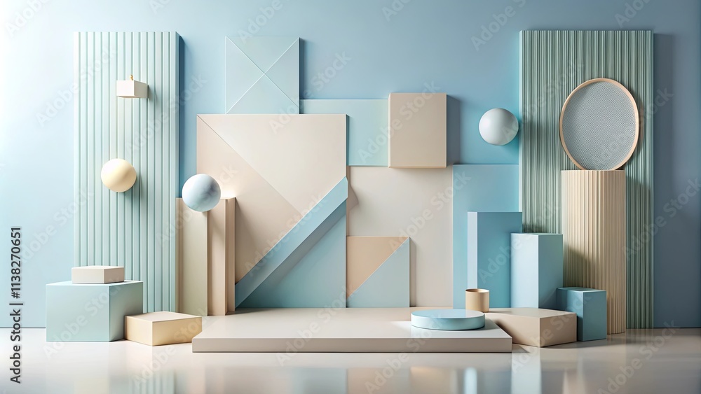 Abstract Pastel Geometric Shapes Composition with Platforms and Spheres Abstract Pastel Geometric Shapes Composition with Platforms and Spheres