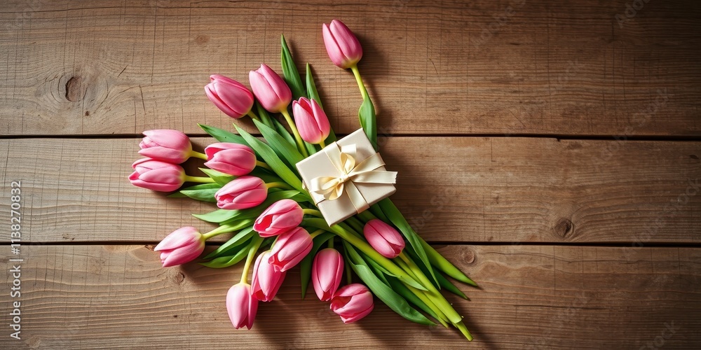 A delicate bouquet of pink tulips arranged around a small gift box tied with a golden ribbon on a rustic wooden surface. A delicate bouquet of pink tulips arranged around a small gift box tied with a golden ribbon on a rustic wooden surface.