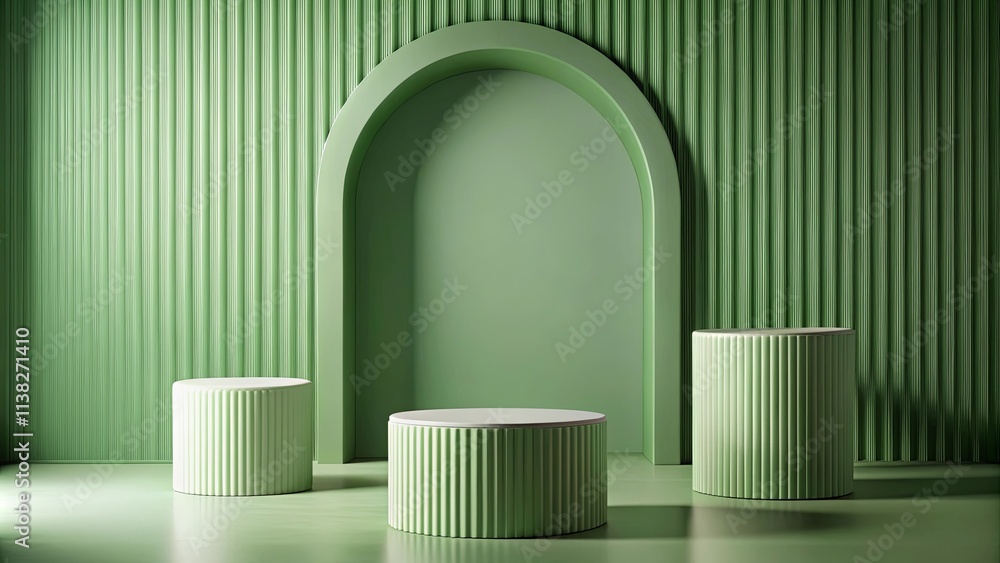 Elegant Green Room Setting with Three Cylindrical Pedestals Elegant Green Room Setting with Three Cylindrical Pedestals