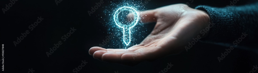 Fototapeta premium A glowing key symbol is held in an outstretched hand against a dark background, representing security, access, and digital innovation.