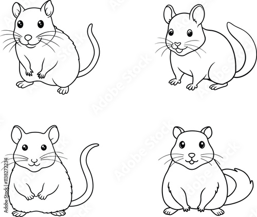 Black and White Vole rodent Line Art Illustration Set