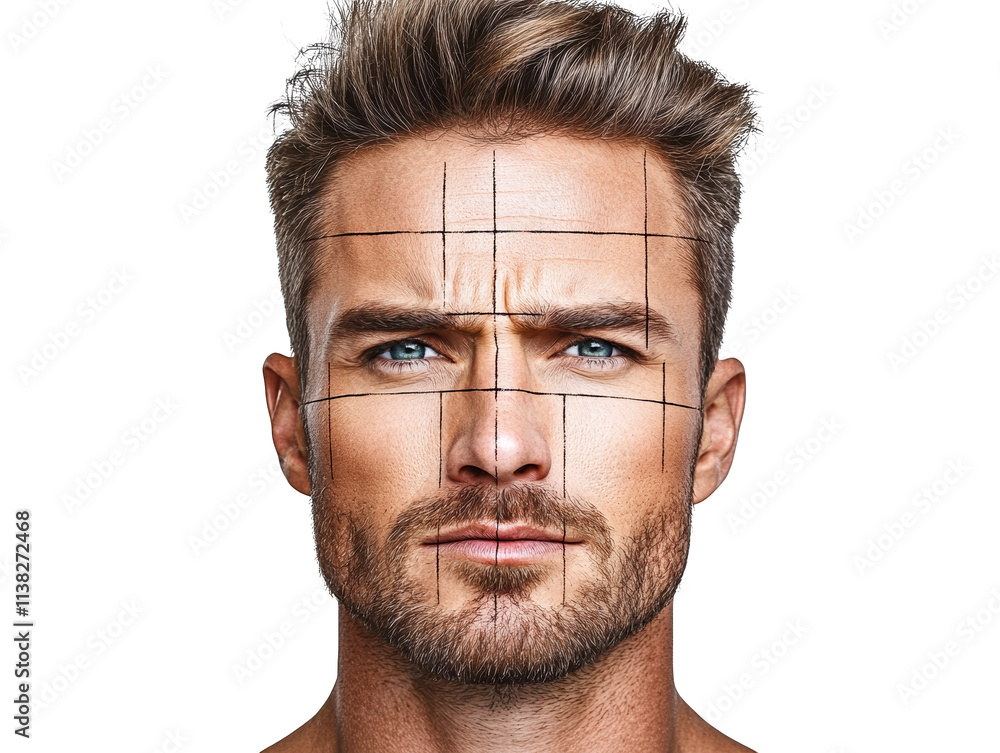 Obraz premium Intriguing portrait, man's face enigmatically transformed by projected grid, exploring the intersection of identity, technology, and art