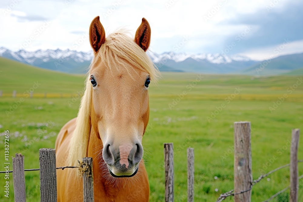 A horse leaning over a farm fence, with its mane blowing in the wind and a field of wildflowers in the background A horse leaning over a farm fence, with its mane blowing in the wind and a field of wildflowers in the background