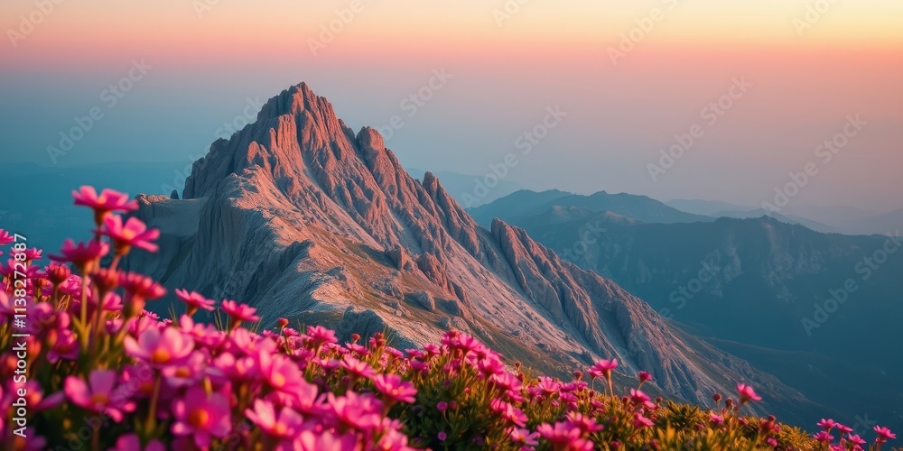 Fototapeta premium A Majestic Mountain Peak Bathed in the Warm Glow of Sunset, Adorned with a Field of Vibrant Pink Wildflowers